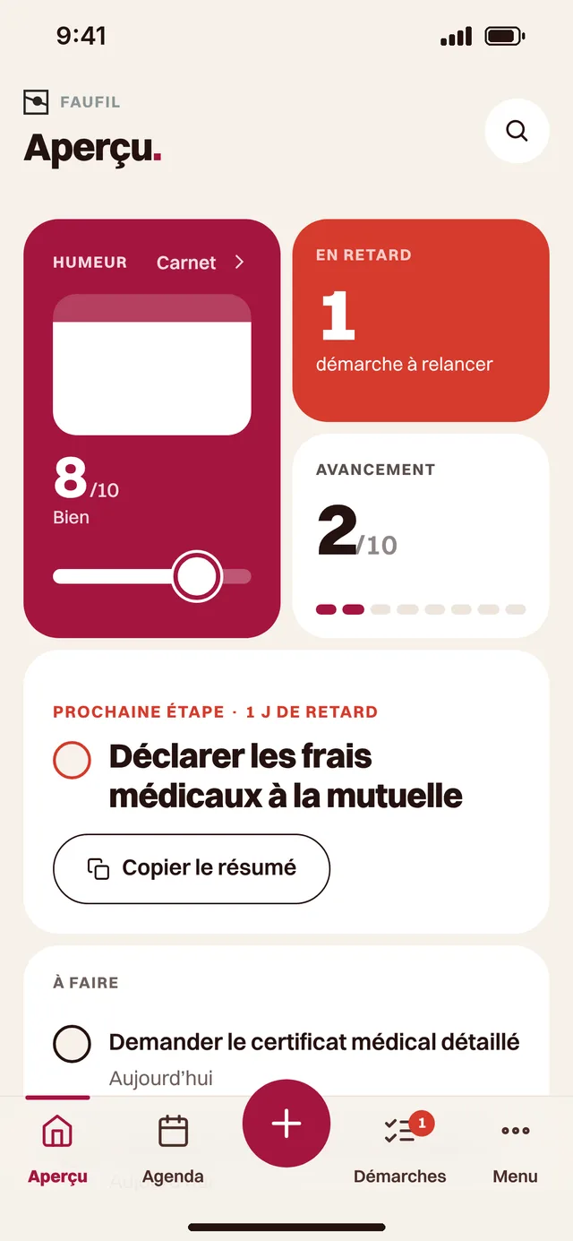 Écran Aperçu de Faufil sur iPhone : humeur du jour, prochaine étape « Déclarer les frais médicaux à la mutuelle » avec un jour de retard, puis les tâches du jour.