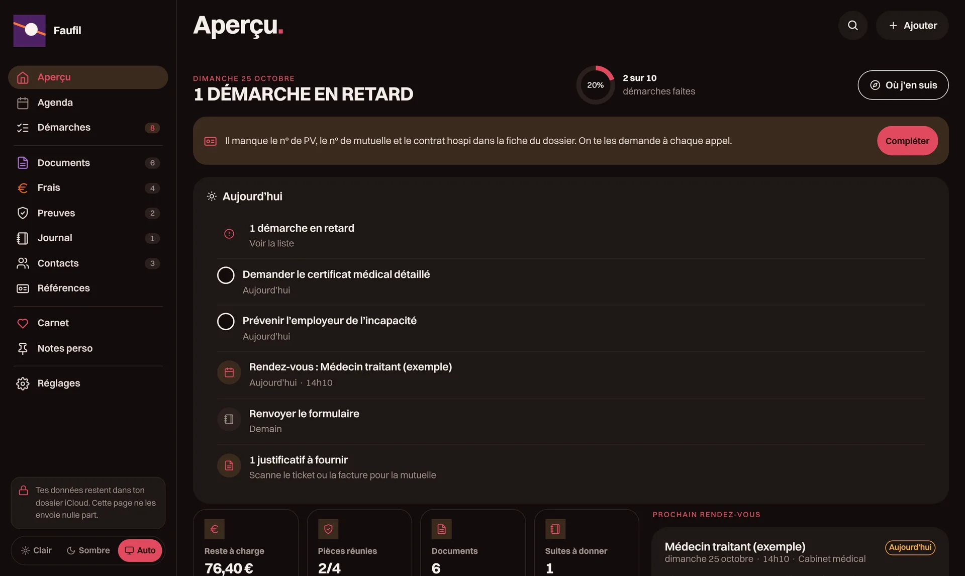 Écran Aperçu de Faufil sur Mac, en mode sombre : menu latéral, une démarche en retard, les tâches du jour et les compteurs de frais, pièces et documents.